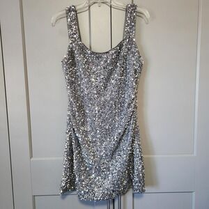 New Vici Women's Light Silver Sequin Sleeveless Mini Dress L Large Party